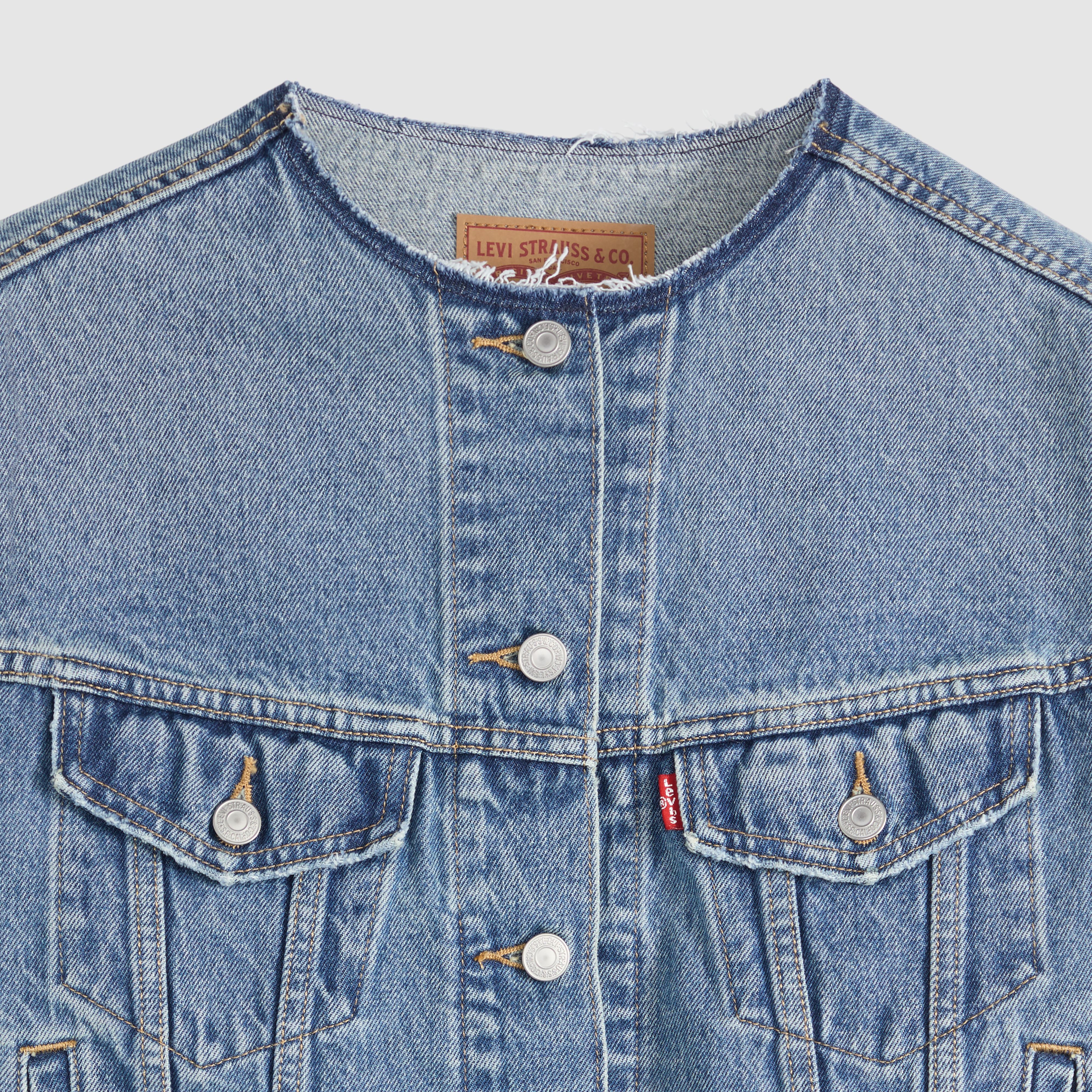 90s Collarless Cropped Trucker Jacket 6
