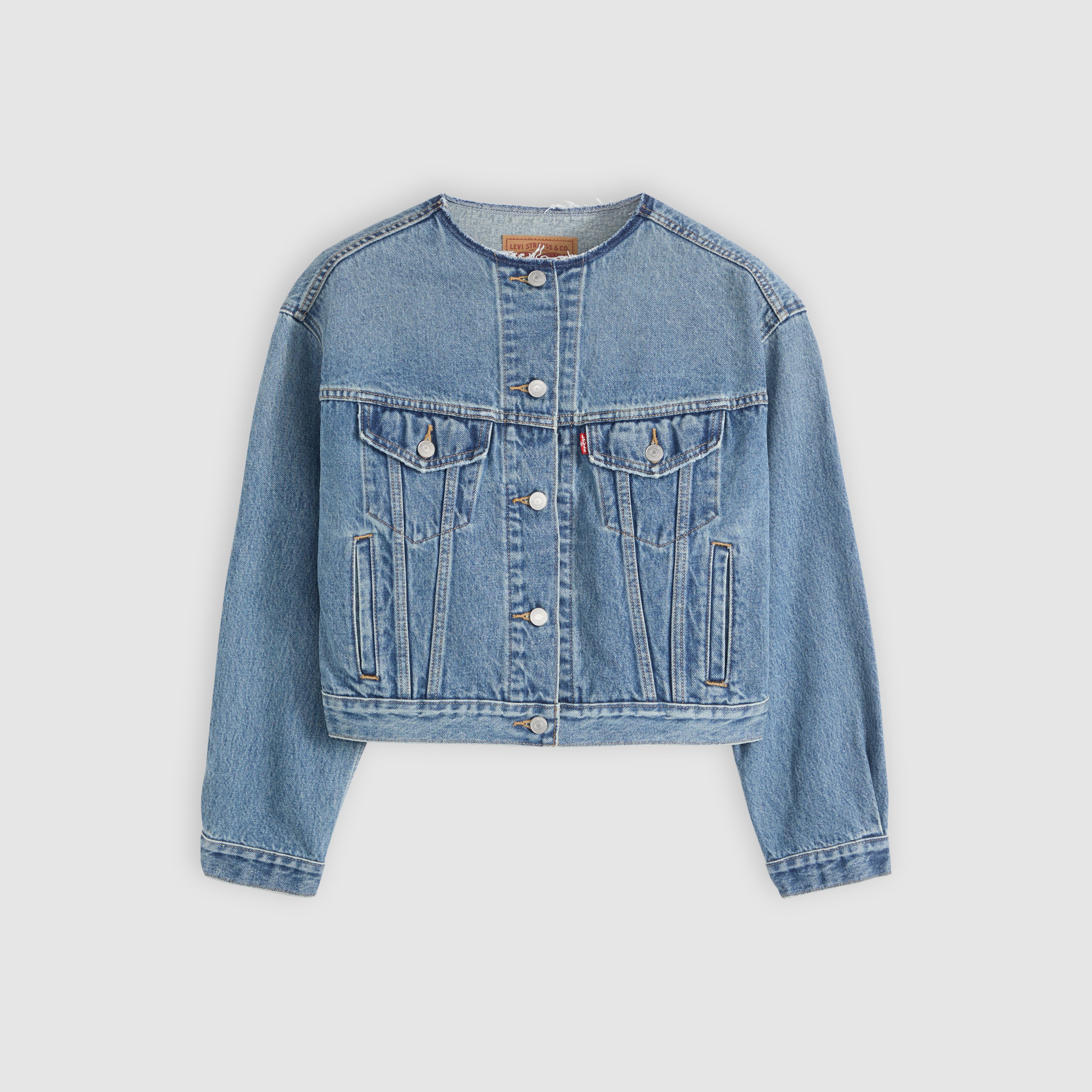 90s Collarless Cropped Trucker Jacket 5
