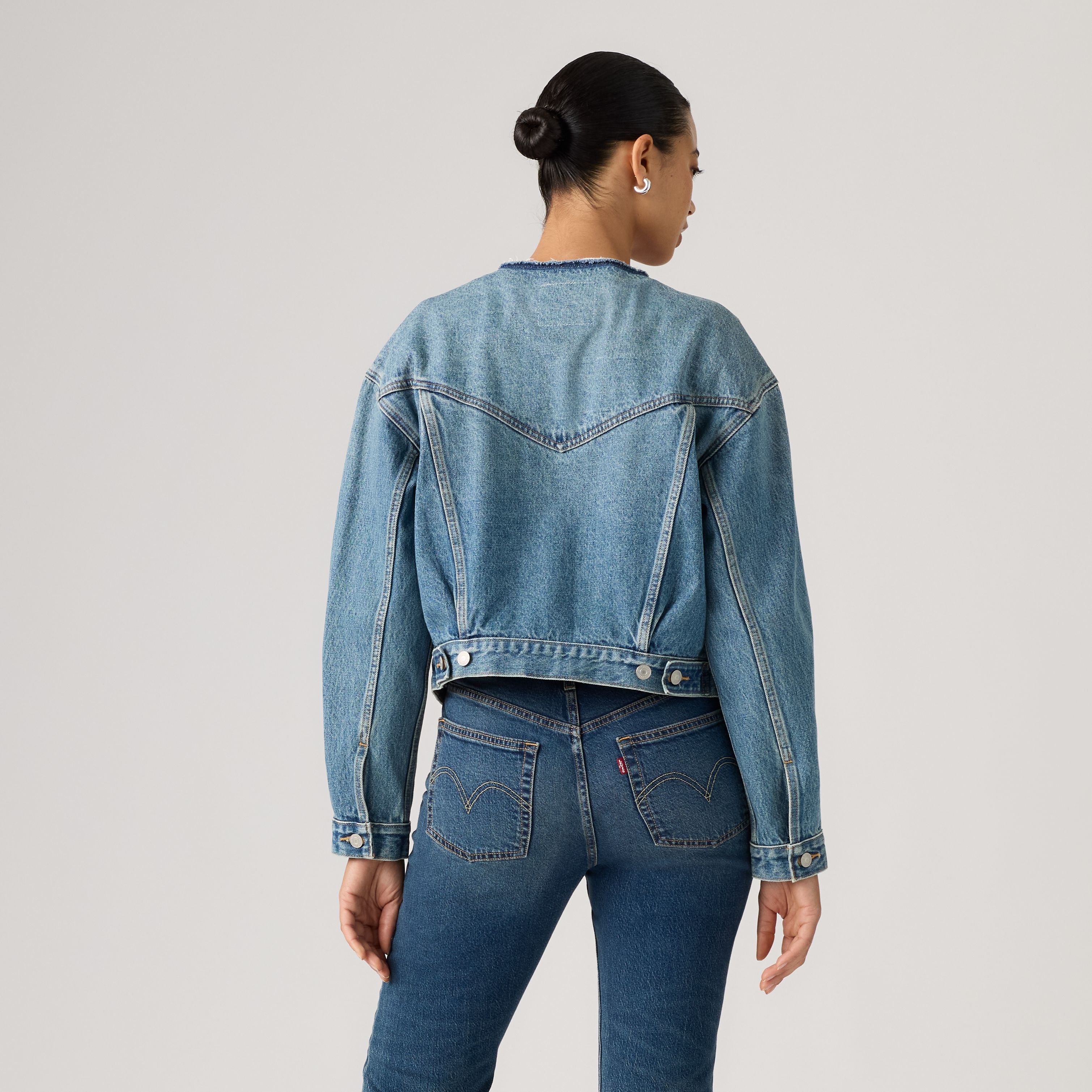 90s Collarless Cropped Trucker Jacket 4