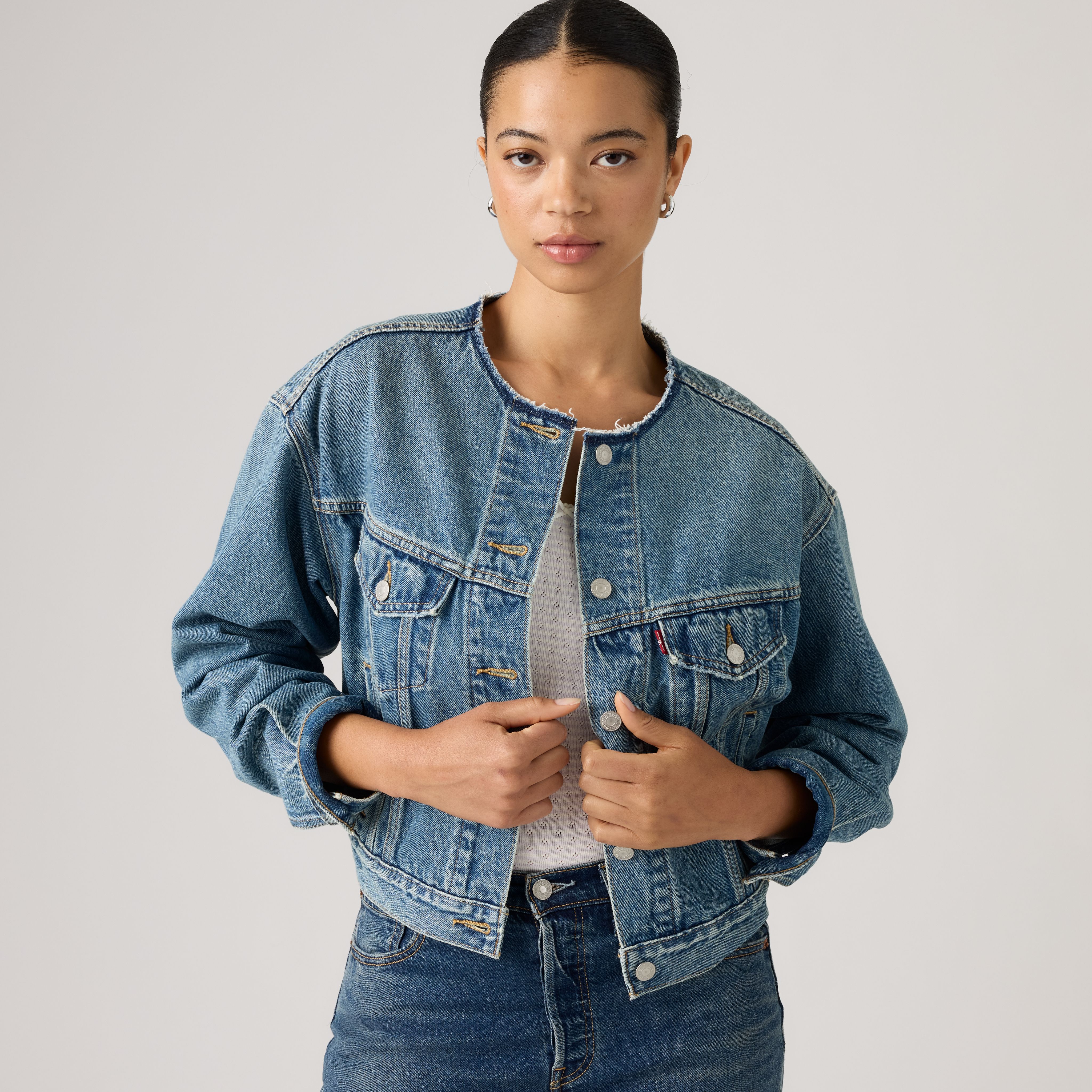 90s Collarless Cropped Trucker Jacket 1