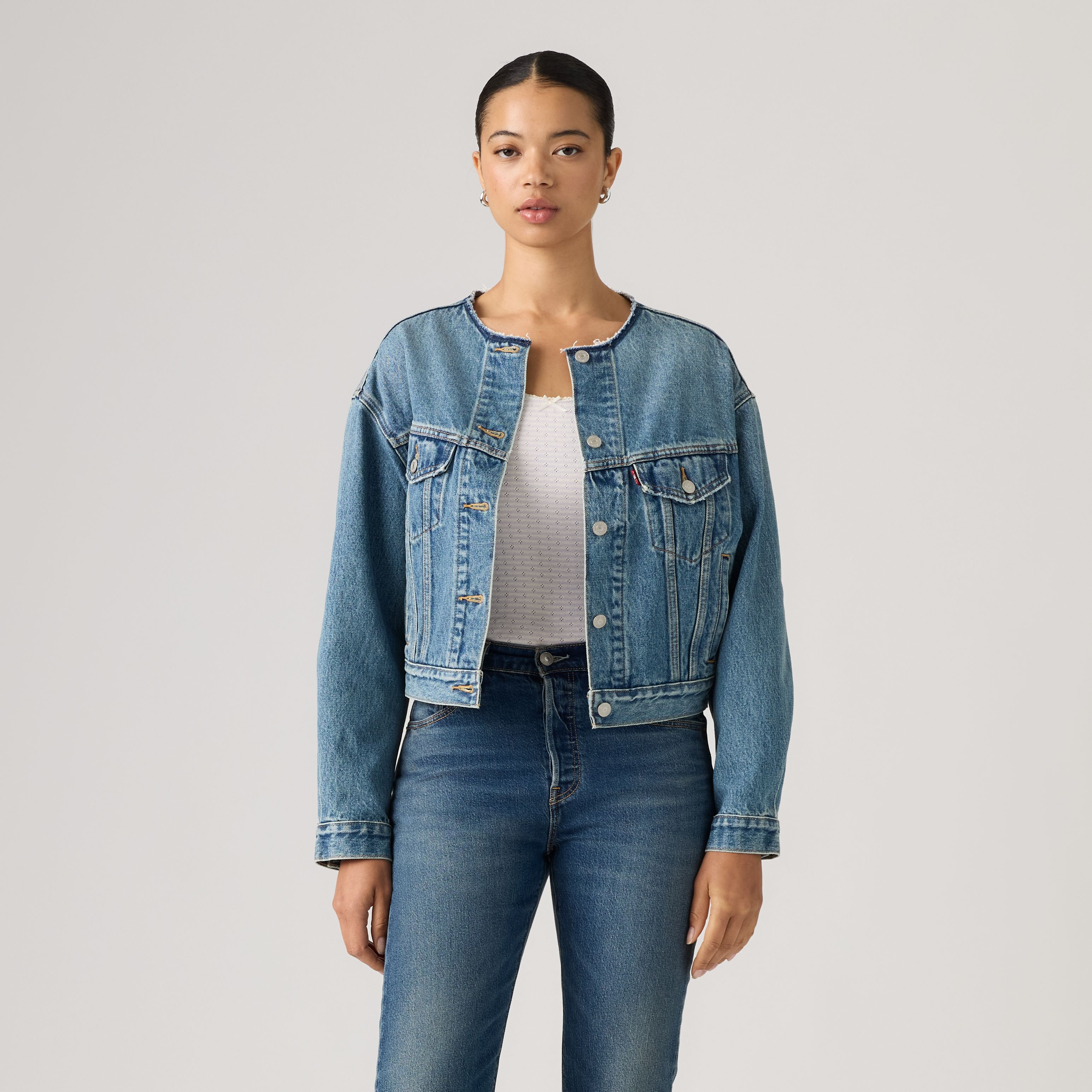 90s Collarless Cropped Trucker Jacket 3