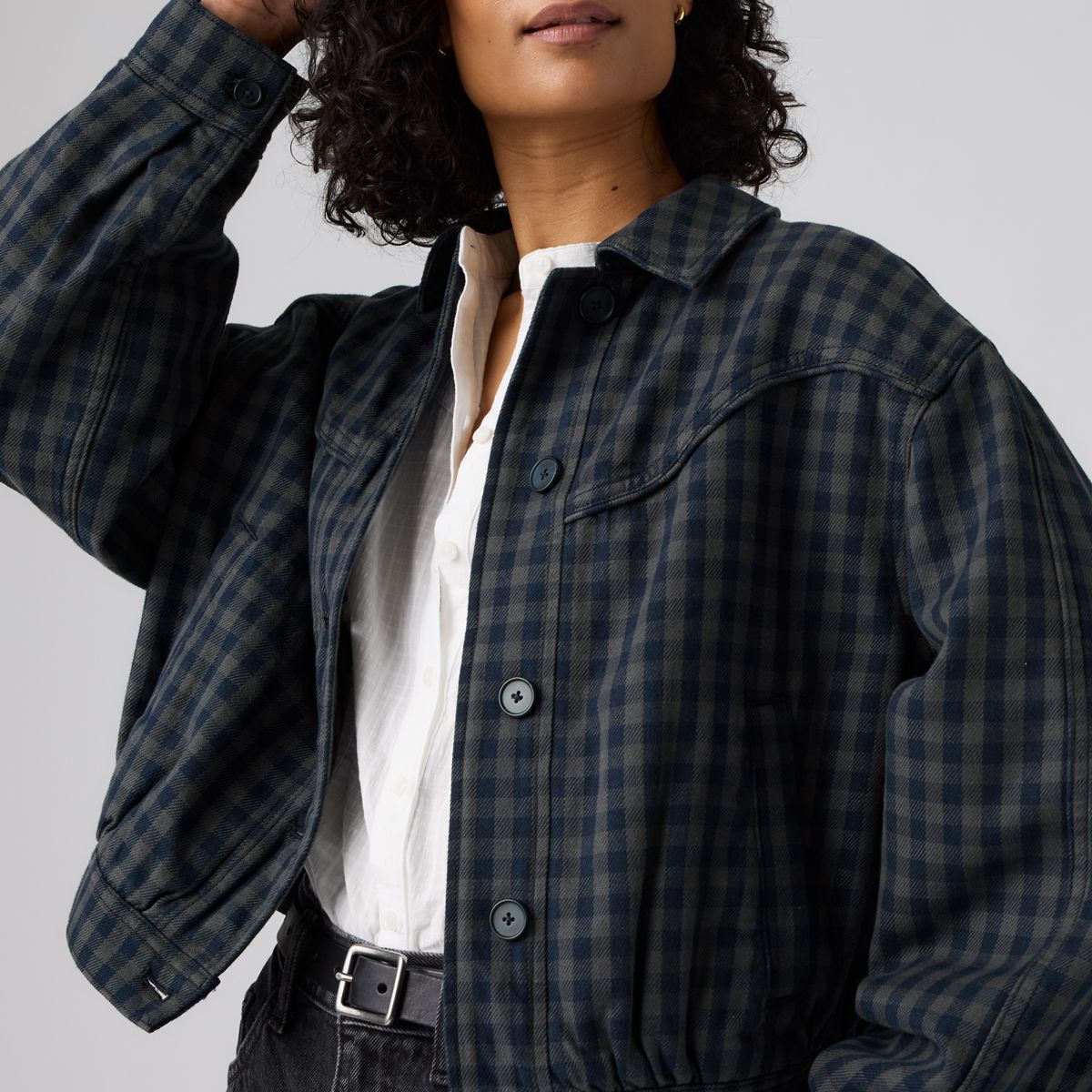 Dani Western Harrington Jacket — Phoebe Check Magnet - Blue
