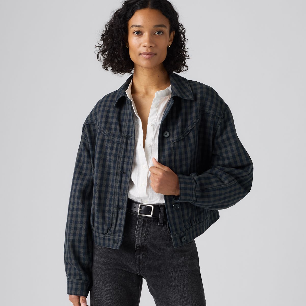 Dani Western Harrington Jacket — Phoebe Check Magnet - Blue