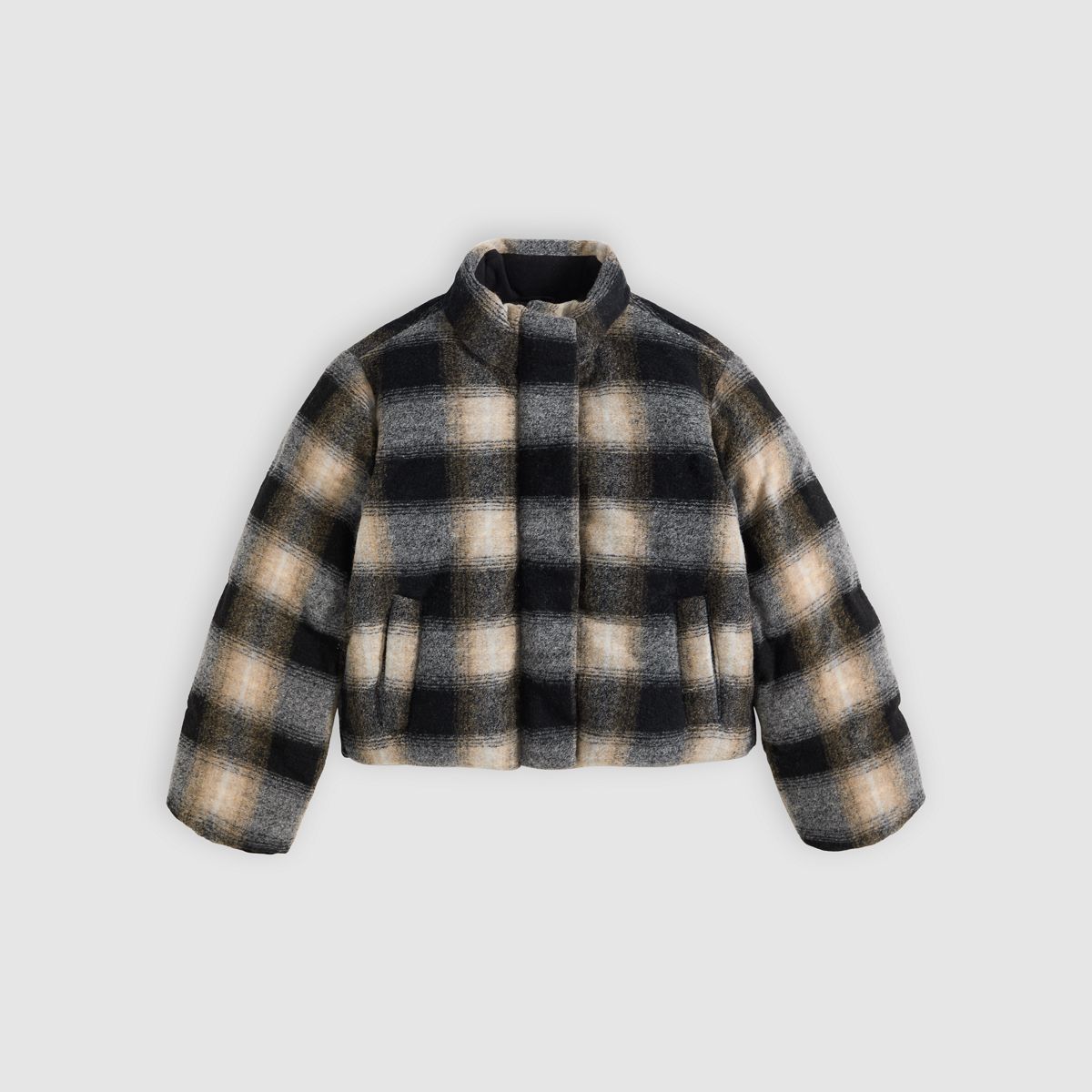 Brynn Cropped Puffer Jacket — Tessa Shadow Plaid Anthracite Night - Brown