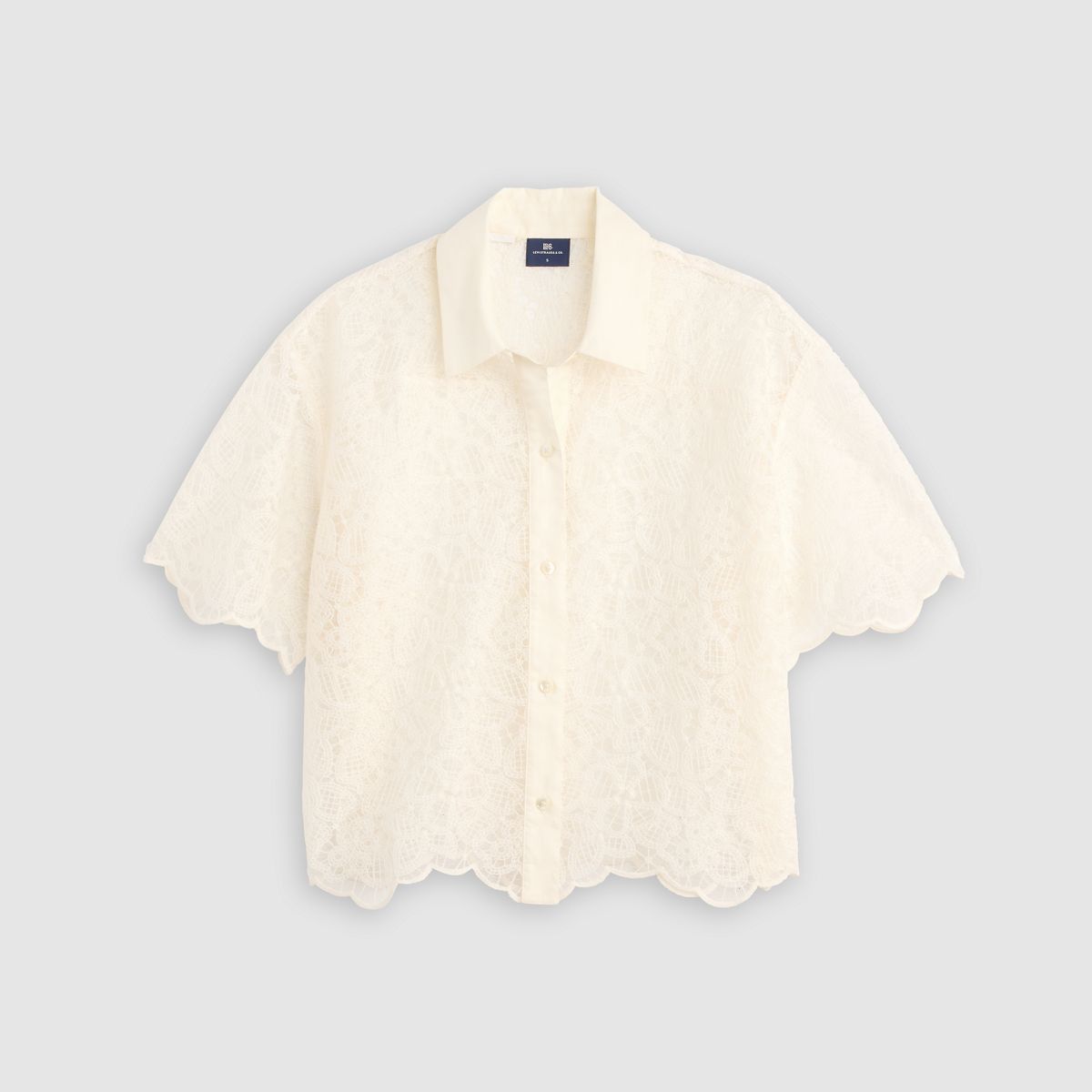 Lace Short-Sleeve Button Down Blouse — Ecru Lace - White