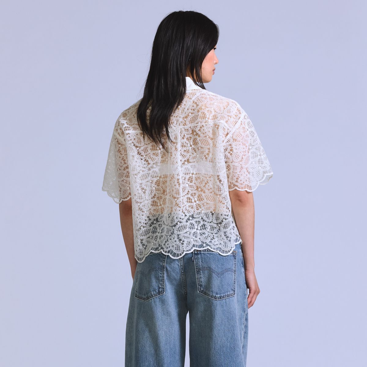 Lace Short-Sleeve Button Down Blouse — Ecru Lace - White