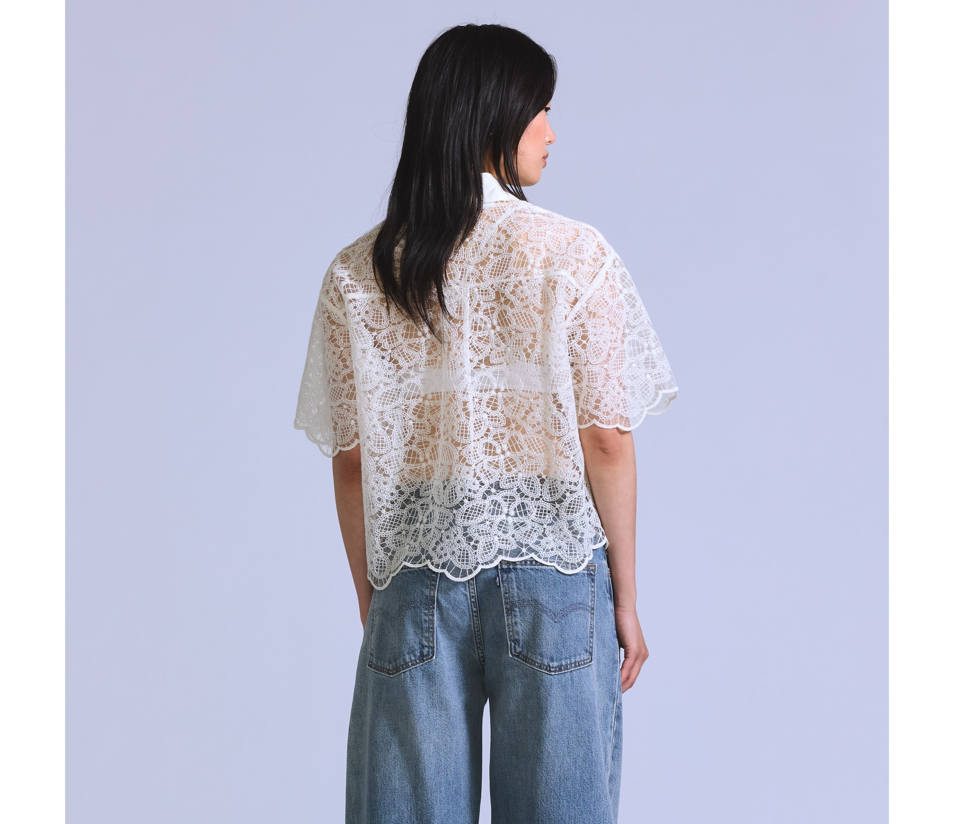 Lace Short-Sleeve Button Down Blouse