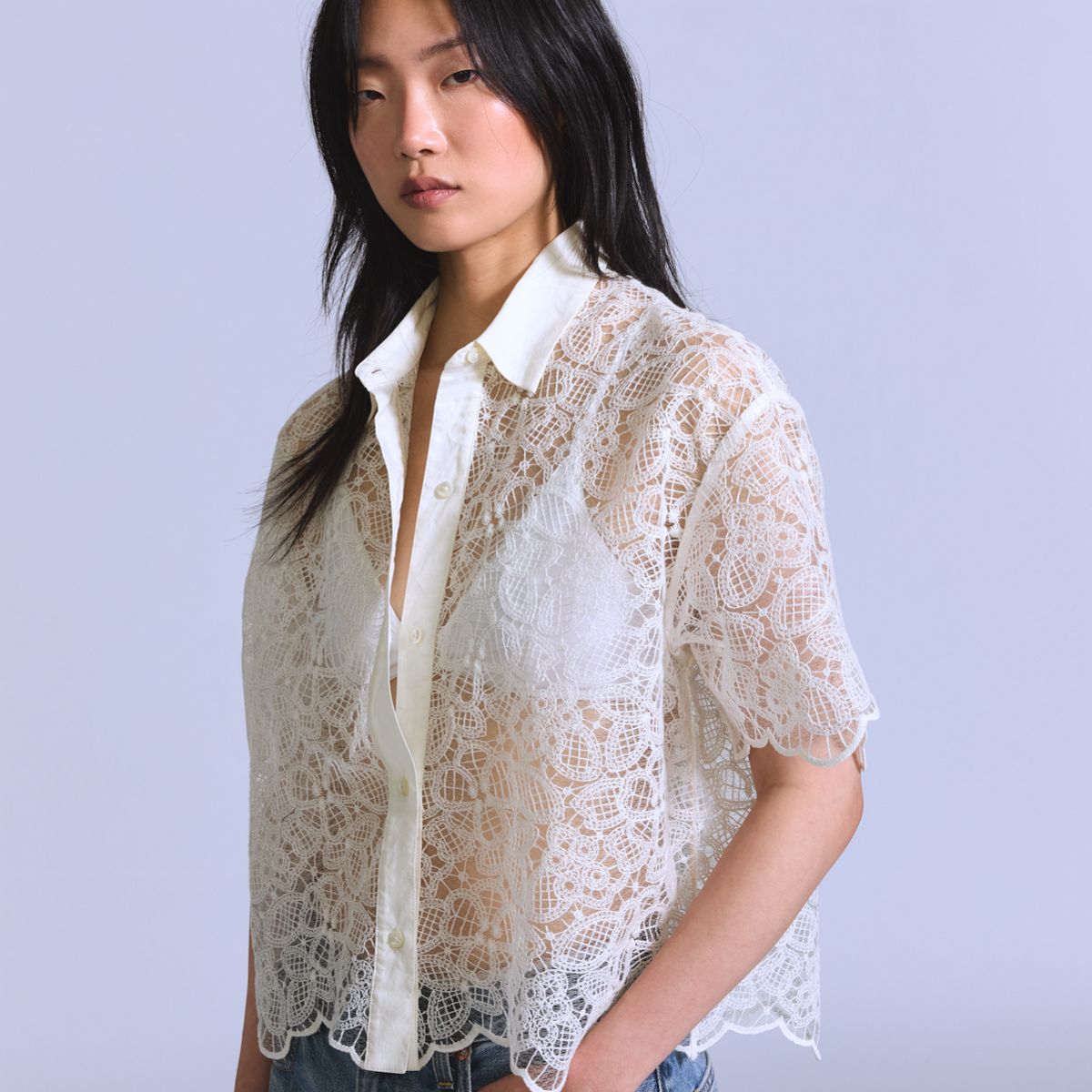 Lace Short-Sleeve Button Down Blouse — Ecru Lace - White