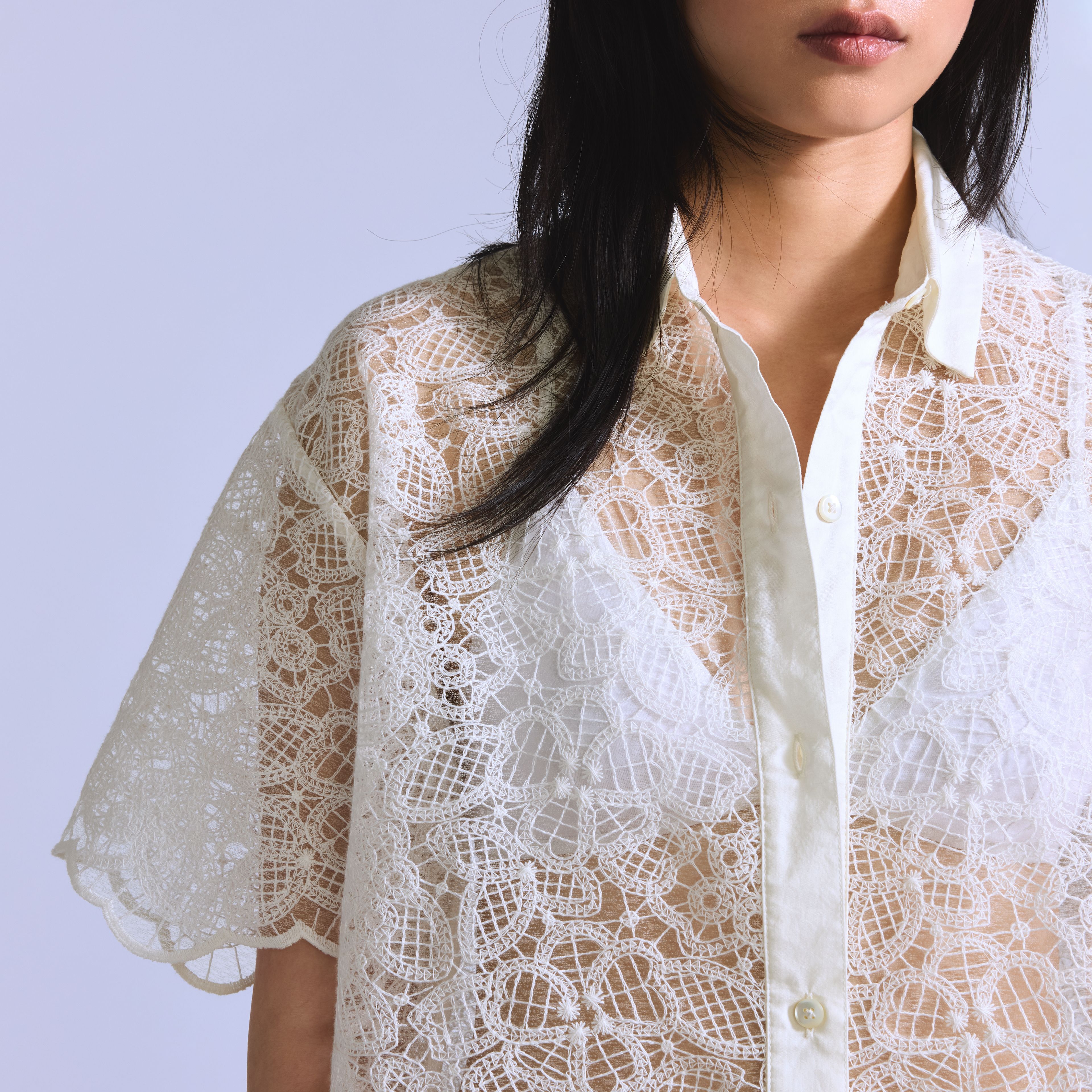 Lace Short-Sleeve Button Down Blouse