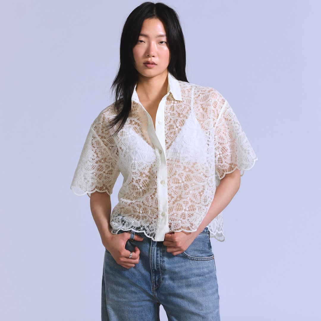 Levi's Lace Short-sleeve Button Down Blouse In Ecru Lace