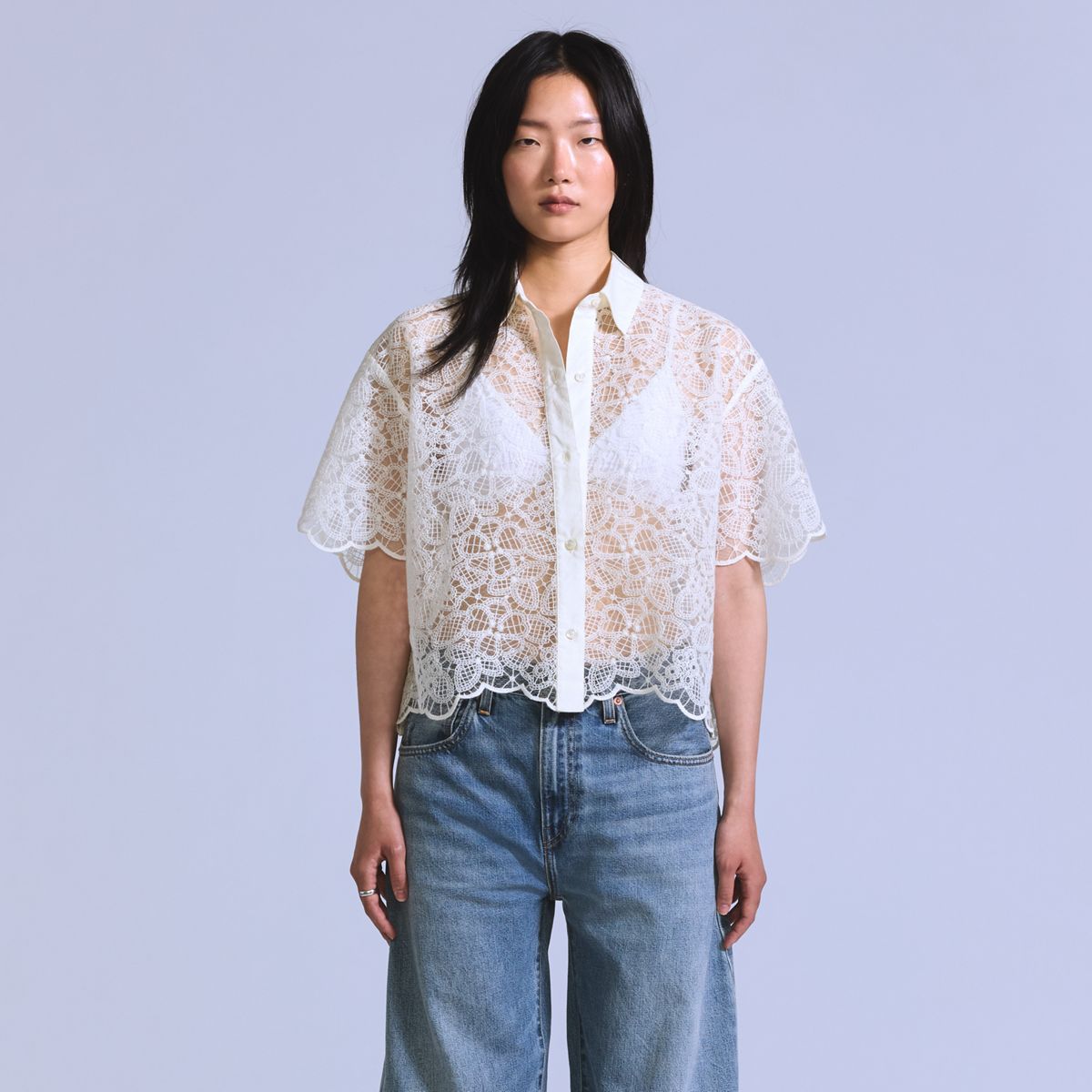 Lace Short-Sleeve Button Down Blouse — Ecru Lace - White
