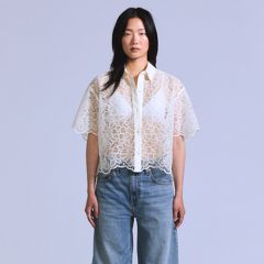 Lace Short-Sleeve Button Down Blouse — Ecru Lace - White 4