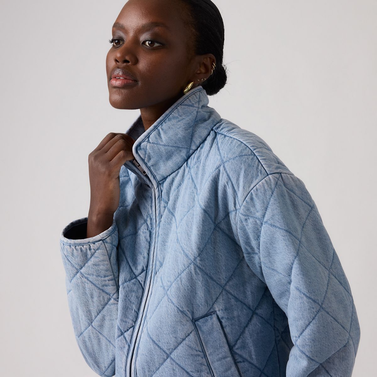Stand Collar Diamond Quilted Jacket — Z9999 Cny Black Gold - Black
