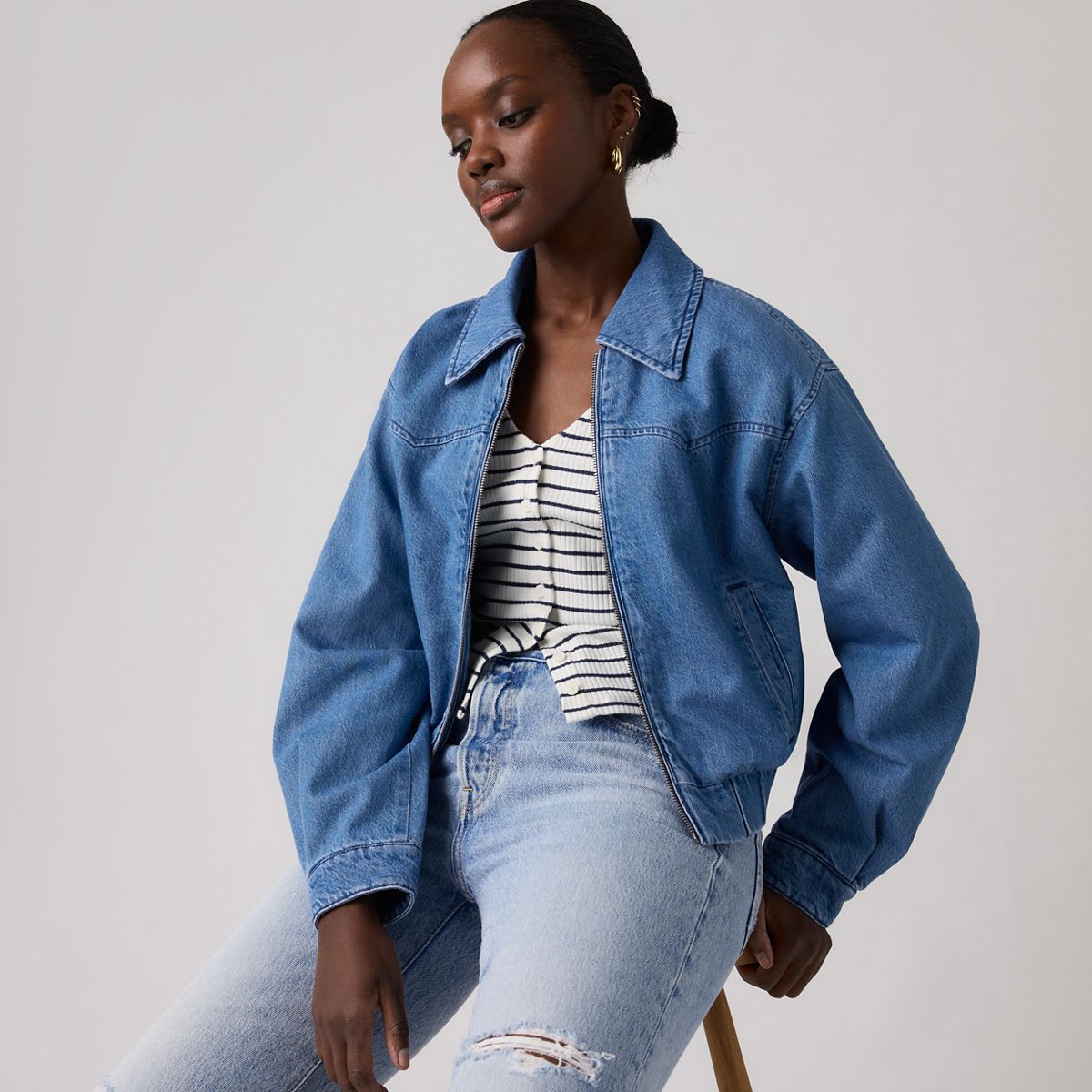 Western Blouson Bomber Jacket — Medium Wash - Medium Wash