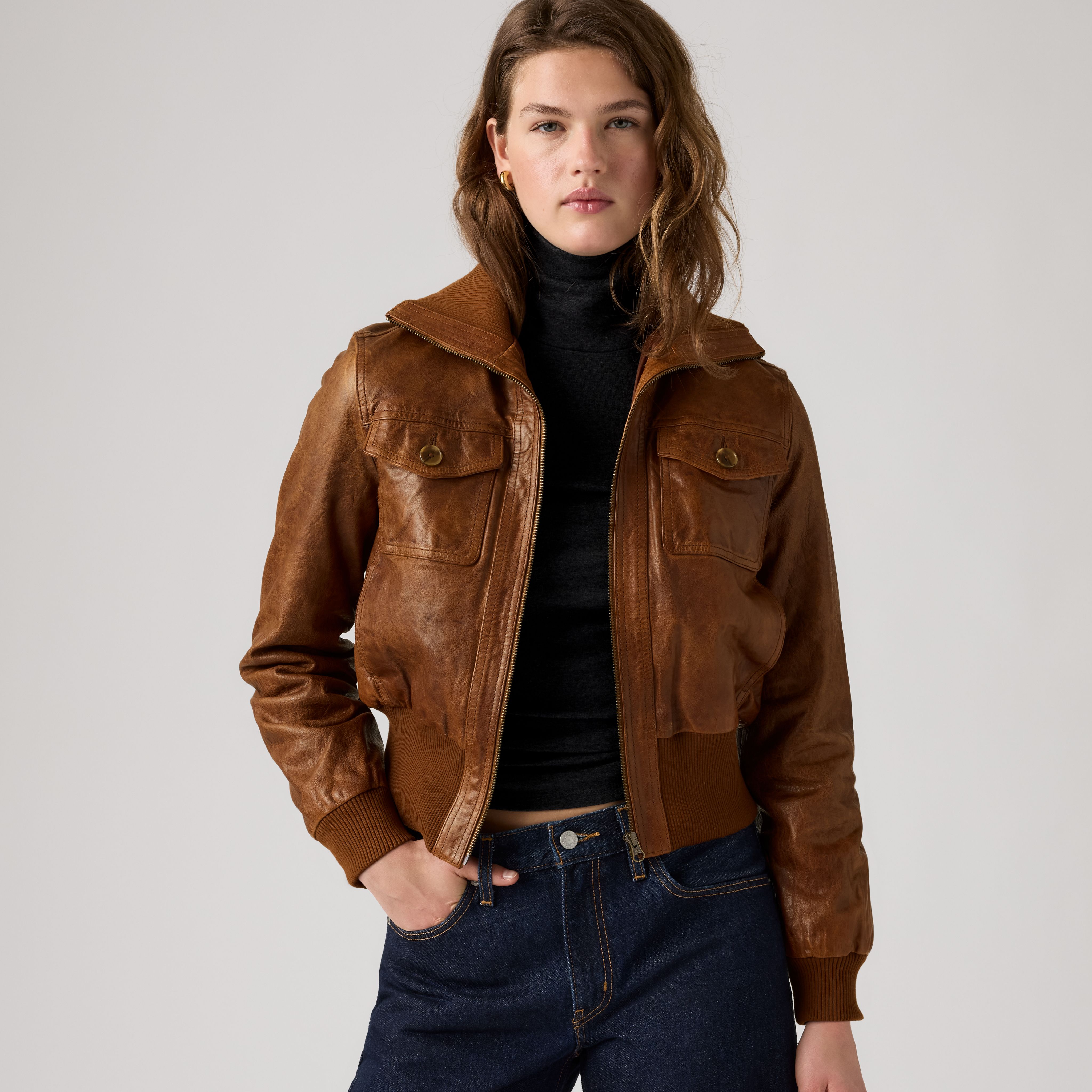 Kira Shrunken Leather Bomber Jacket 1
