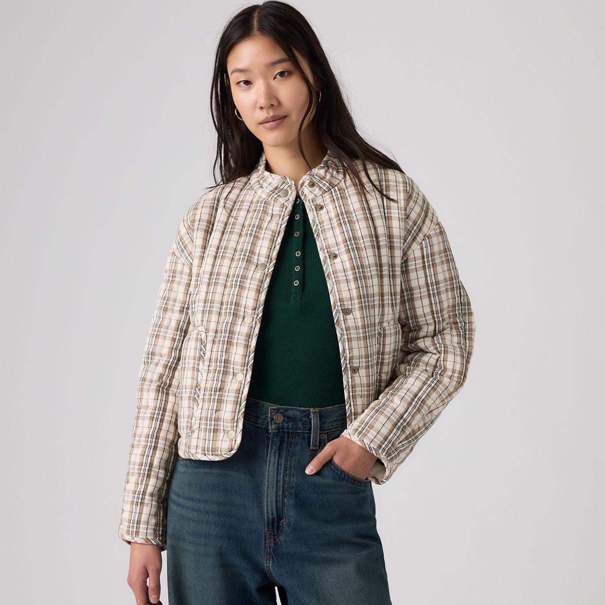 Lana Quilted Liner Jacket — Bea Plaid Egret - Multi-Color
