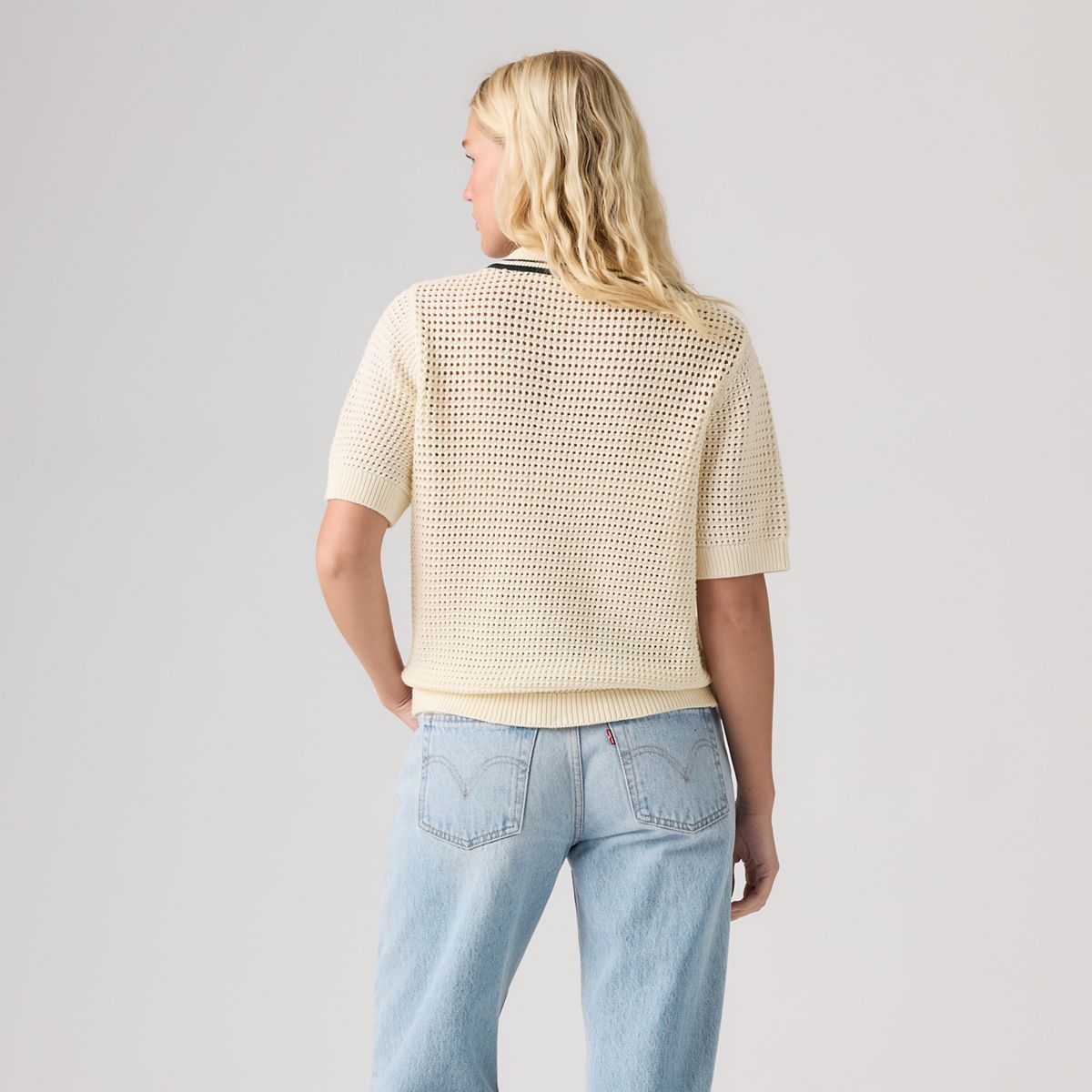 Alizee Short-Sleeve Polo Sweater — Navy Egret - White