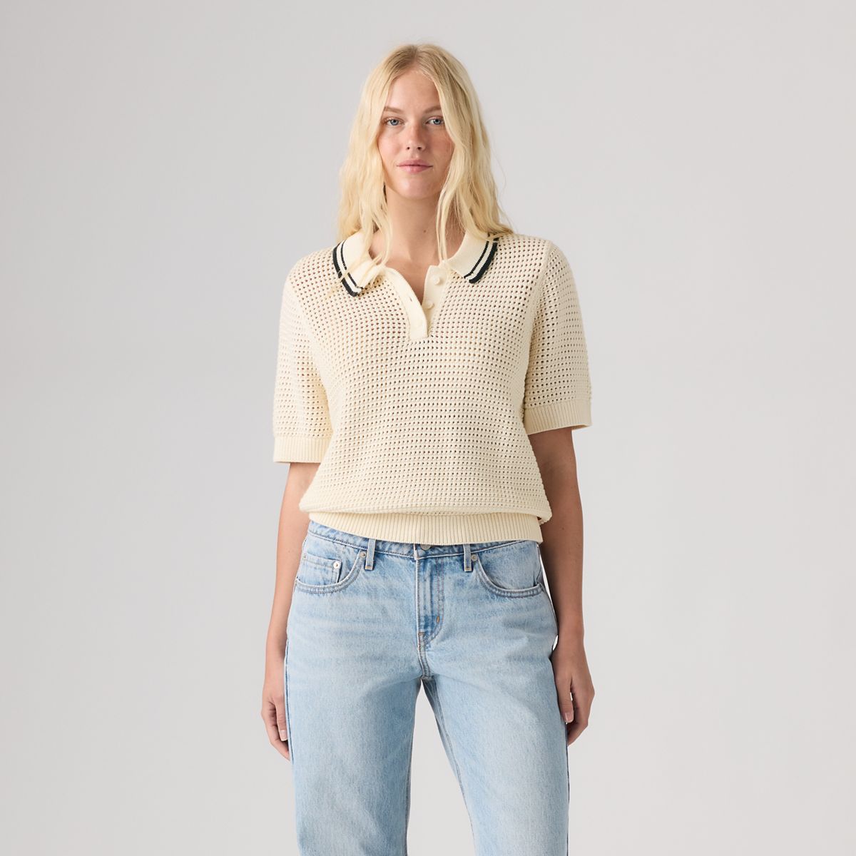 Alizee Short-Sleeve Polo Sweater — Navy Egret - White