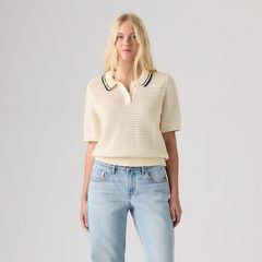 Alizee Short-Sleeve Polo Sweater — Navy Egret - White 3