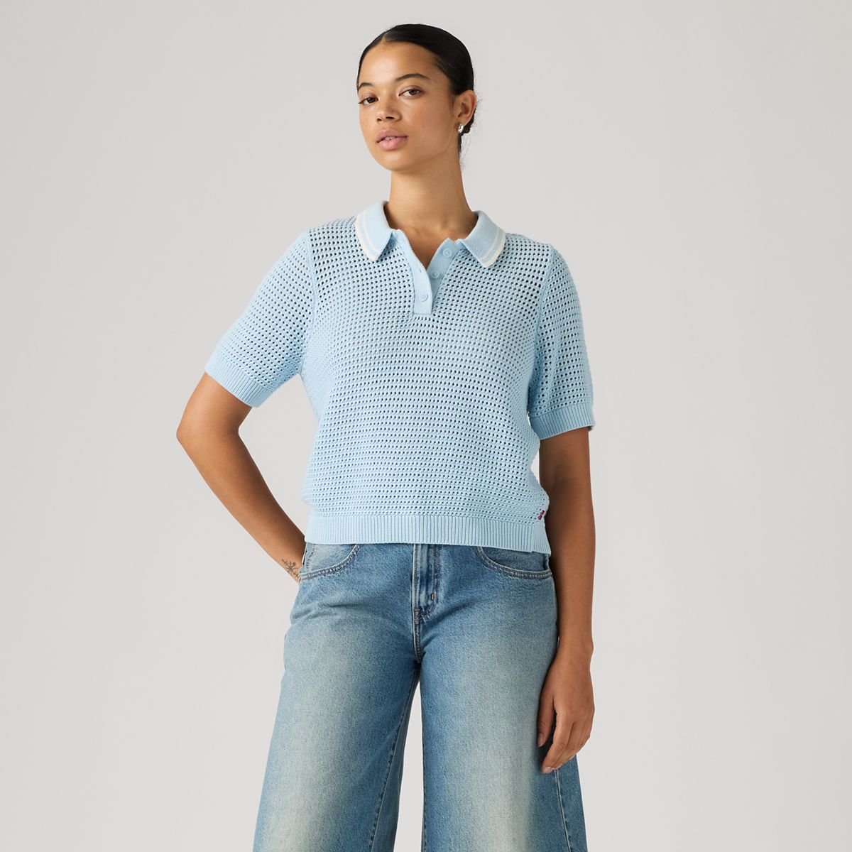 Alizee Short-Sleeve Polo Sweater — Angel Falls / Egret Angel Falls / Egret - Blue