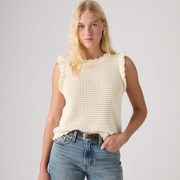 Lulu Flutter Sleeve Sweater Tank — Egret - White