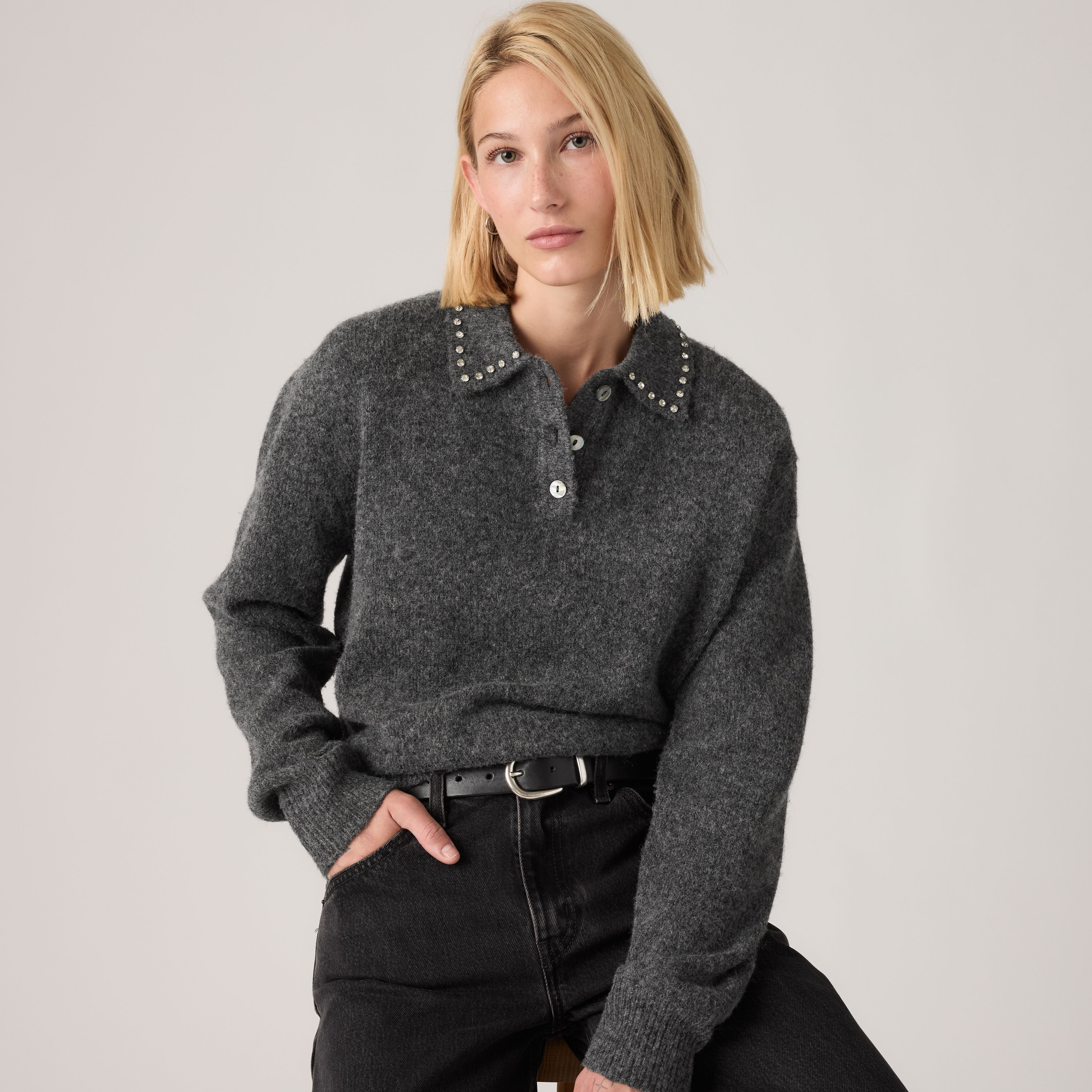 Rhinestone Collared Sweater 1
