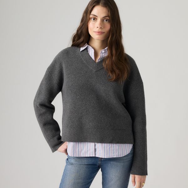Brushed Cotton Blend V-Neck Sweater — Darker Heather Grey Bros - Grey