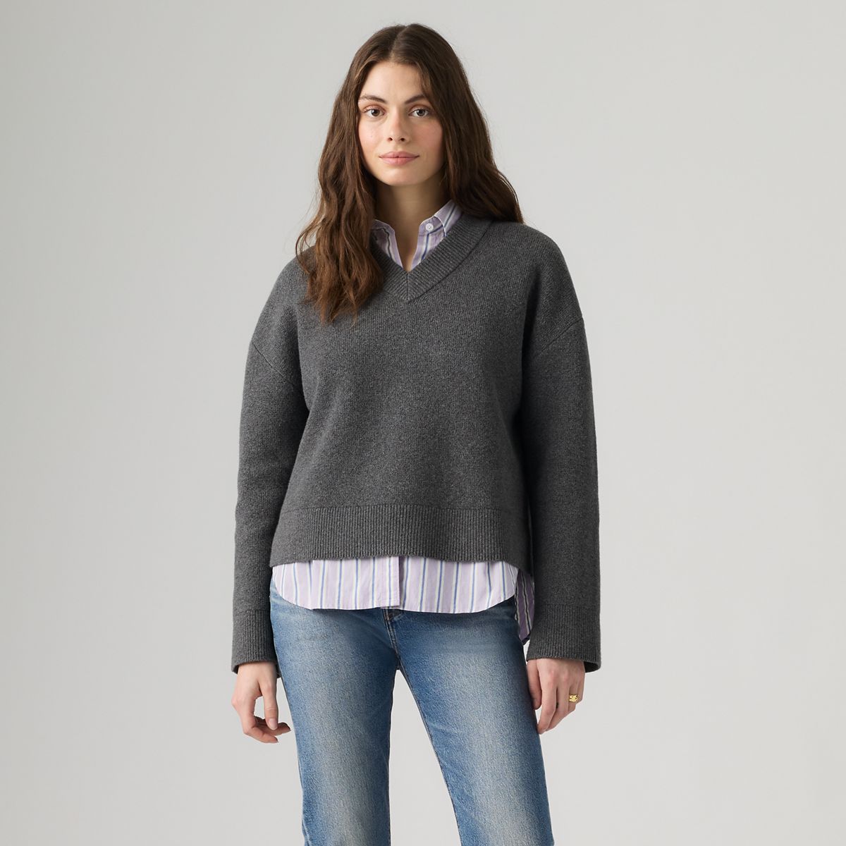 Brushed Cotton Blend V-Neck Sweater — Darker Heather Grey Bros - Grey