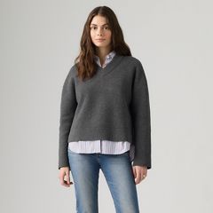 Brushed Cotton Blend V-Neck Sweater — Darker Heather Grey Bros - Grey 3