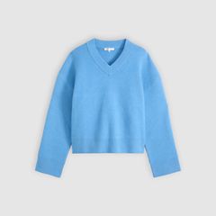 Brushed Cotton Blend V-Neck Sweater — Parisian Blue - Blue 5