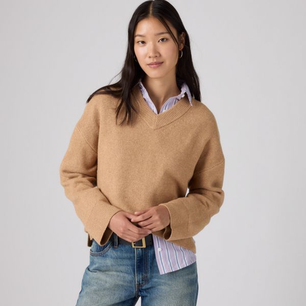 Brushed Cotton Blend V-Neck Sweater — Tan - Tan