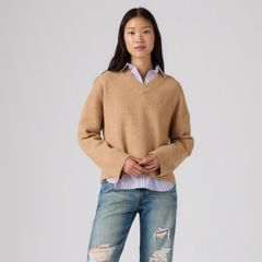 Brushed Cotton Blend V-Neck Sweater — Tan - Tan 3