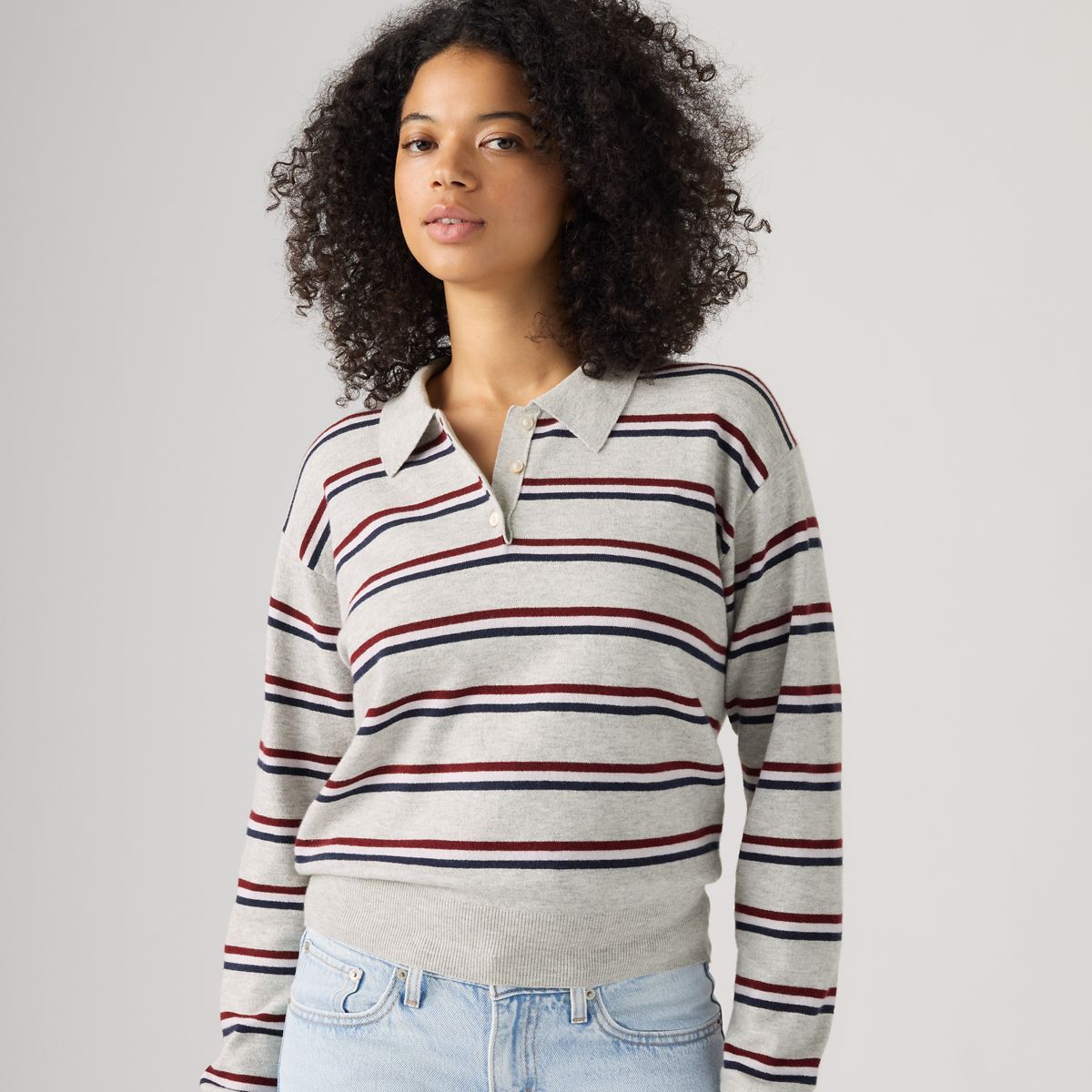 Supersoft Long-Sleeve Polo — Jade Stripe Light Grey Heather - Multi-Color