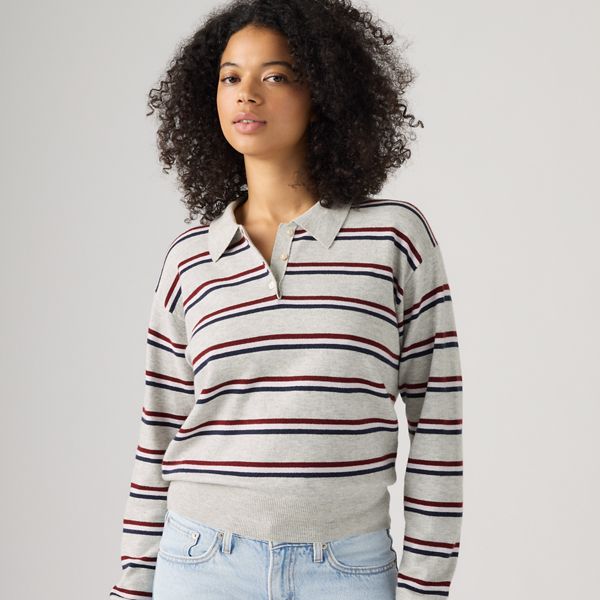 Supersoft Long-Sleeve Polo — Jade Stripe Light Grey Heather - Multi-Color
