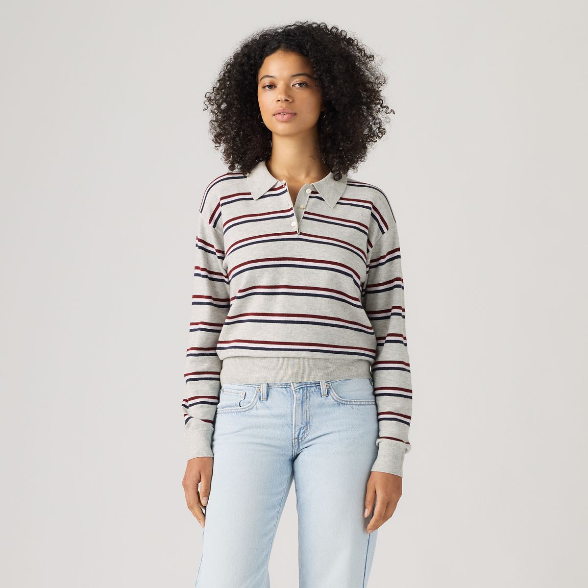Supersoft Long-Sleeve Polo — Jade Stripe Light Grey Heather - Multi-Color