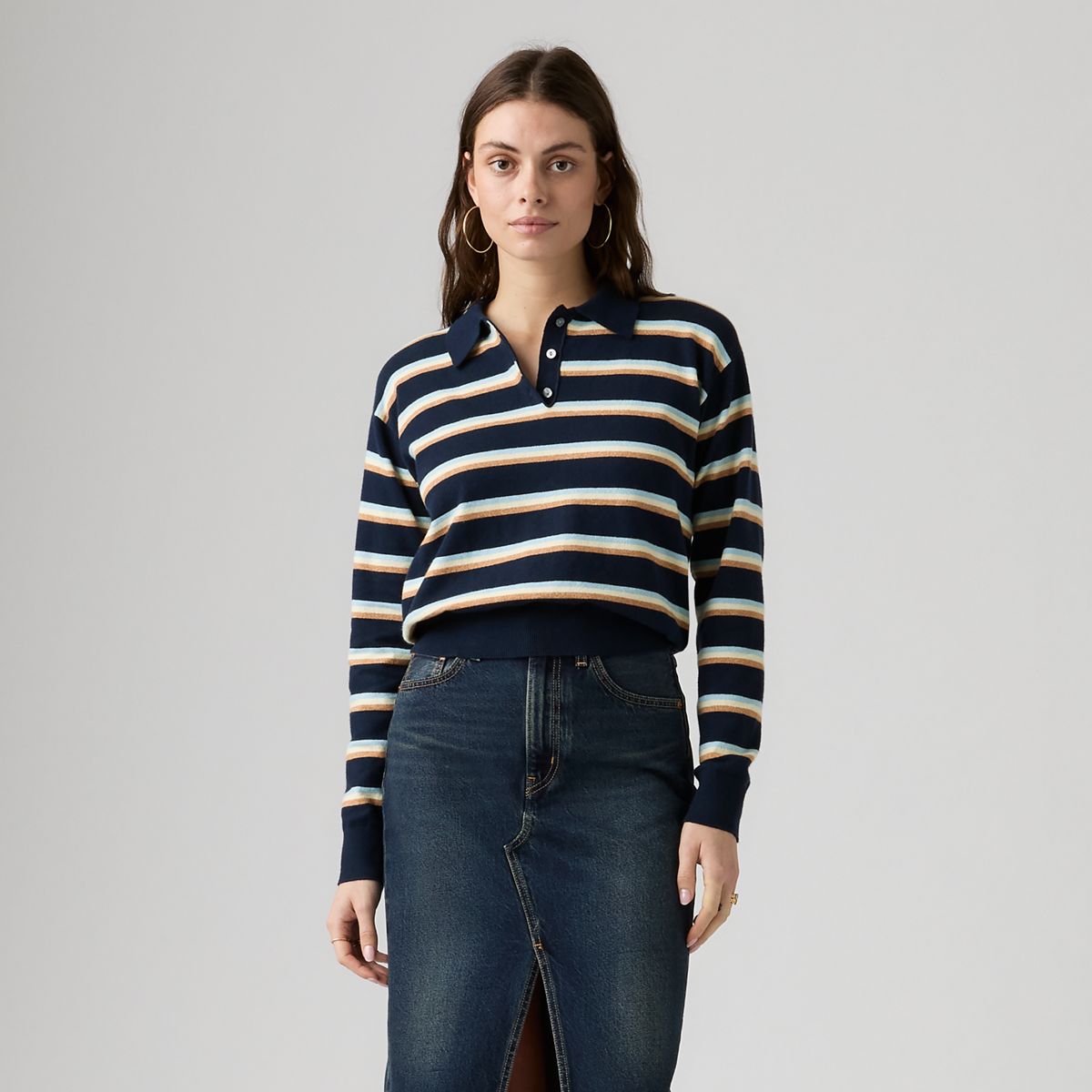 Supersoft Long-Sleeve Polo — Jade Stripe Navy Blazer - Blue