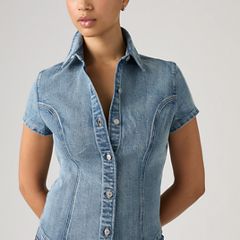 Short-Sleeve Shaped Denim Shirt — Hazy Days - Medium Wash 2