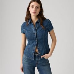 Short-Sleeve Shaped Denim Shirt — As Seen On Tv Shirt - Dark Wash 1