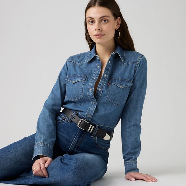 Heritage Western Denim Button Down Shirt — All Day Long Western - Medium Wash