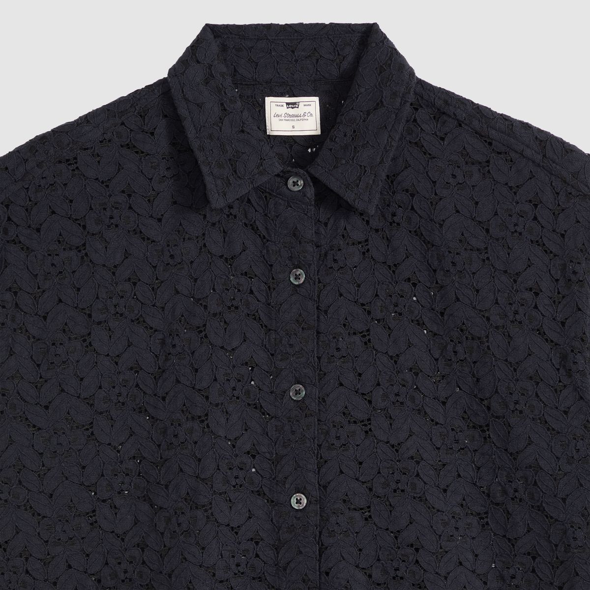 Harlie Boyfriend Short-Sleeve Lace Button Down Shirt — Anthracite Night - Black