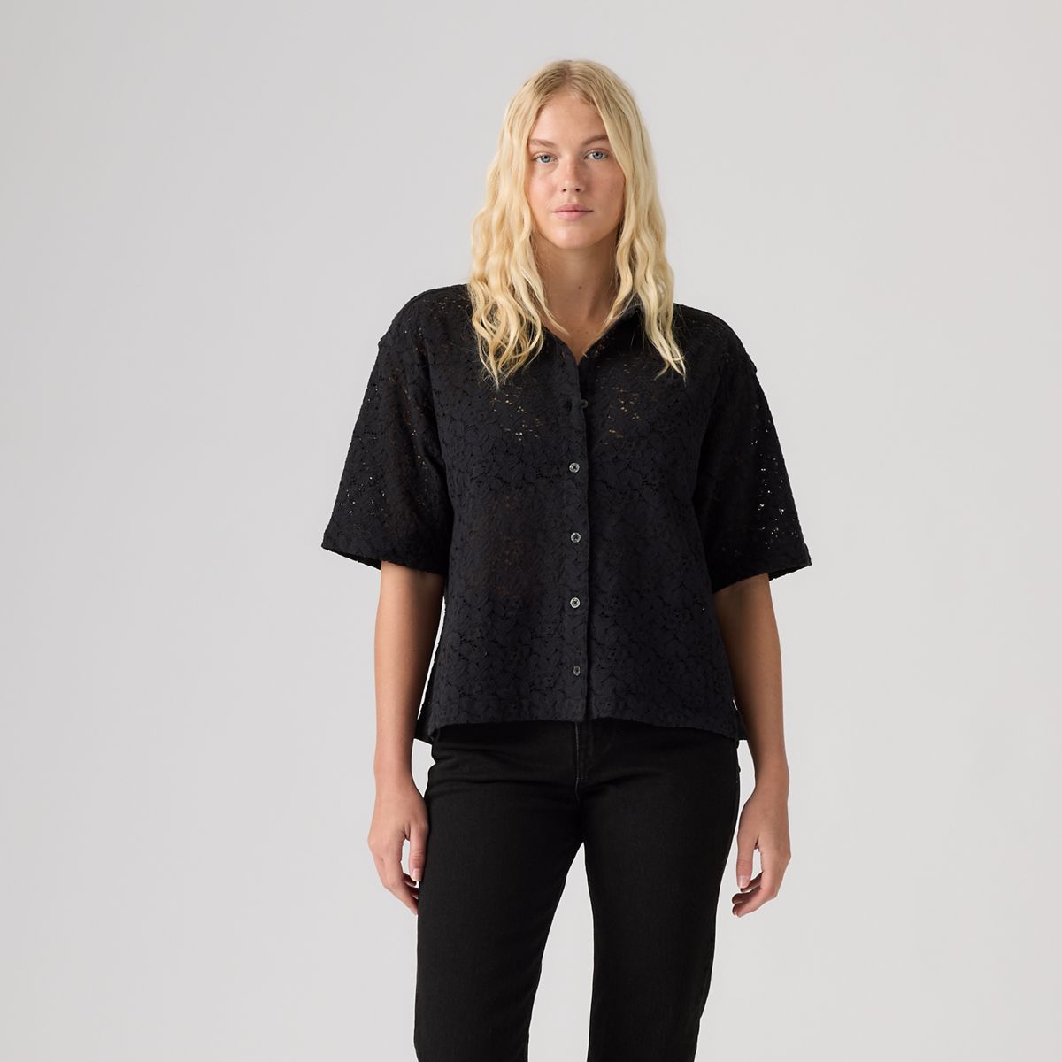 Harlie Boyfriend Short-Sleeve Lace Button Down Shirt — Anthracite Night - Black