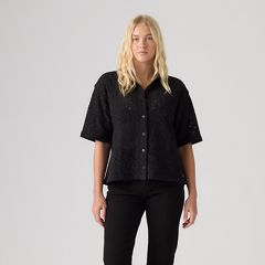 Harlie Boyfriend Short-Sleeve Lace Button Down Shirt — Anthracite Night - Black 3