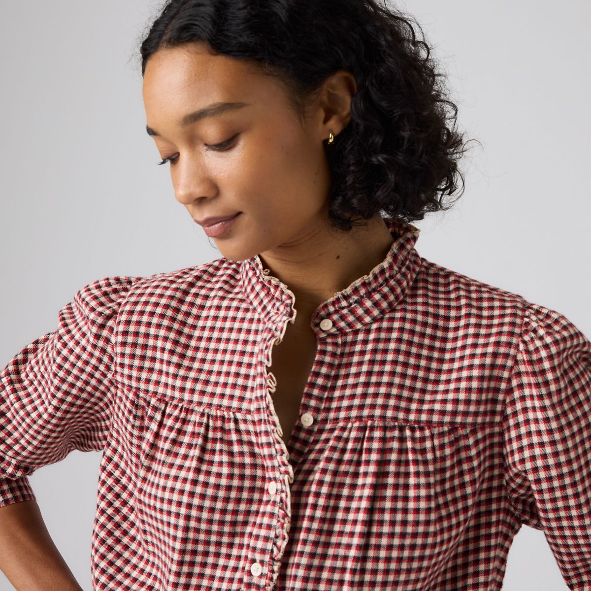 Perla Long-Sleeve Blouse — Amaia Check Oyster Gray - Multi-Color