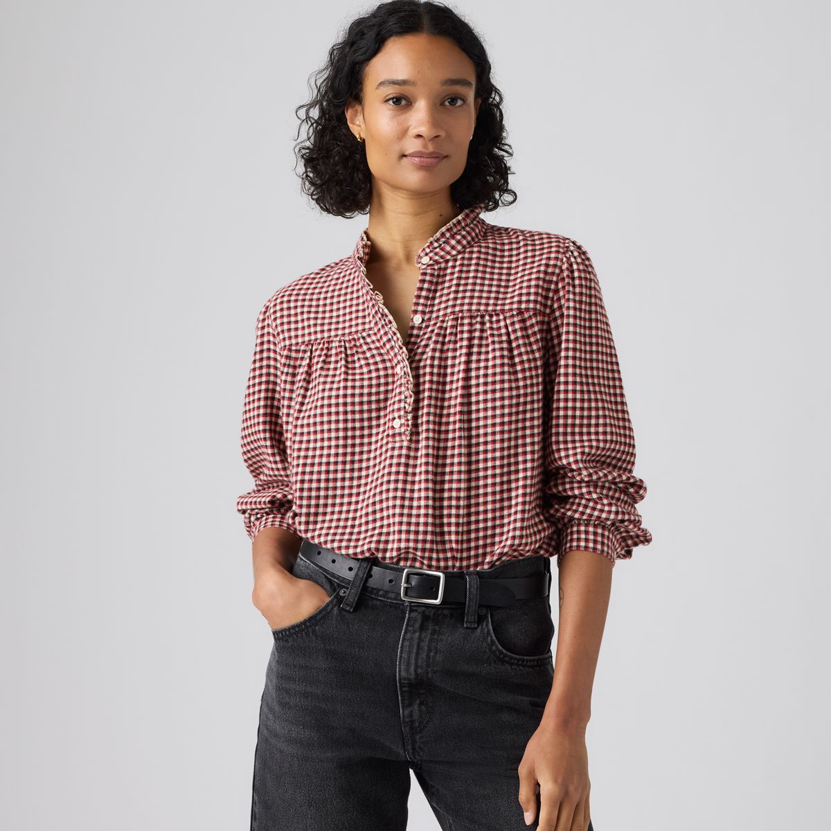 Perla Long-Sleeve Blouse — Amaia Check Oyster Gray - Multi-Color