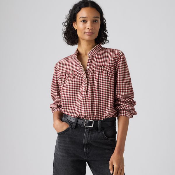 Perla Long-Sleeve Blouse — Amaia Check Oyster Gray - Multi-Color