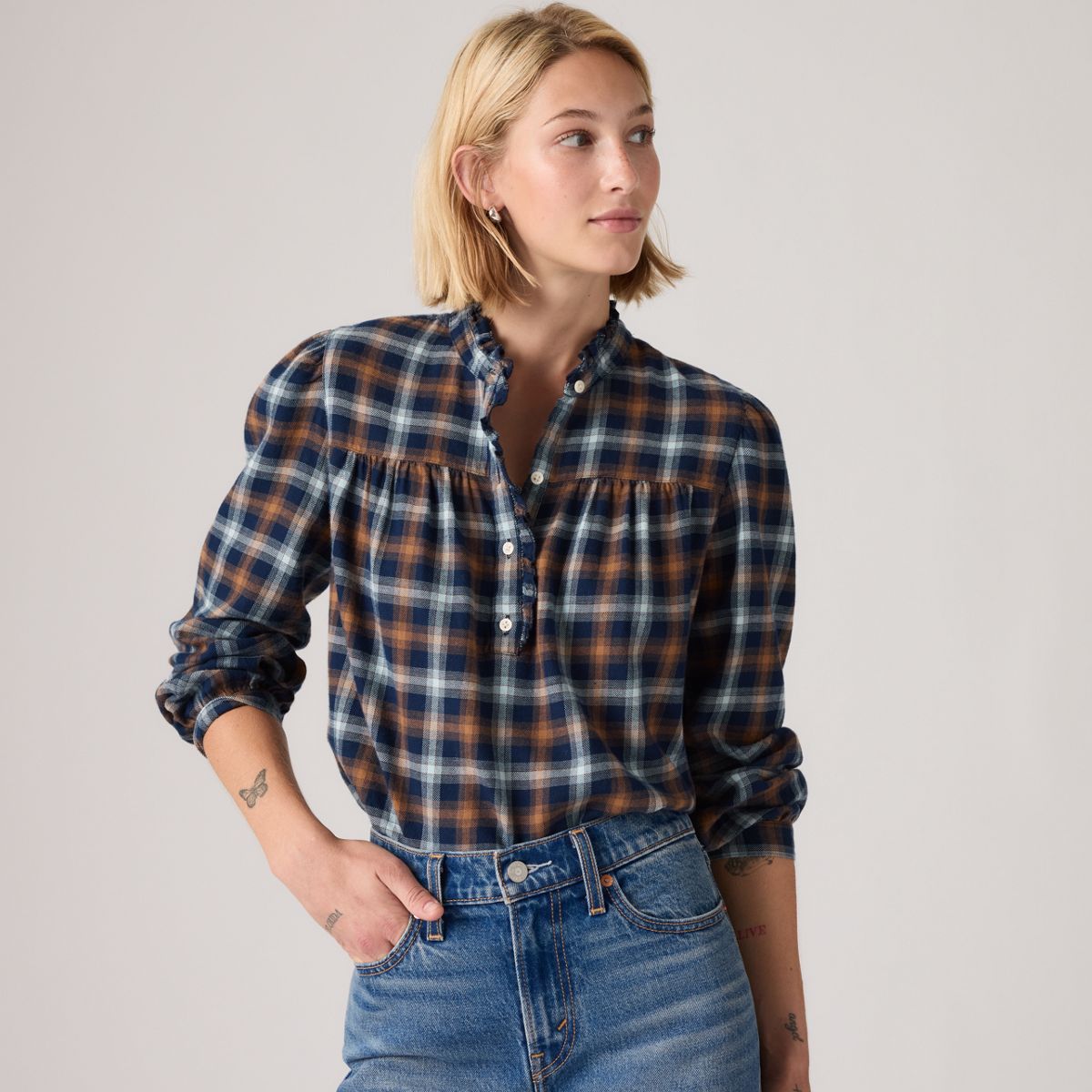 Perla Long-Sleeve Blouse — Isolde Plaid  Navy - Multi-Color