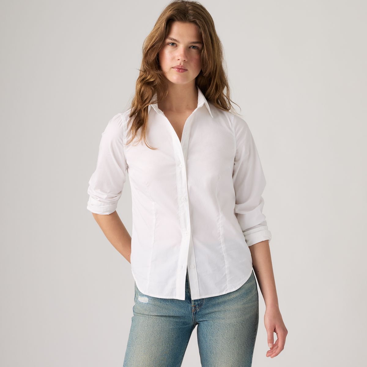 Slim Poplin Button Down Shirt — Bright White - White