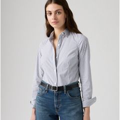 Slim Poplin Button Down Shirt — Hadley Stripe Vintag - Blue 1