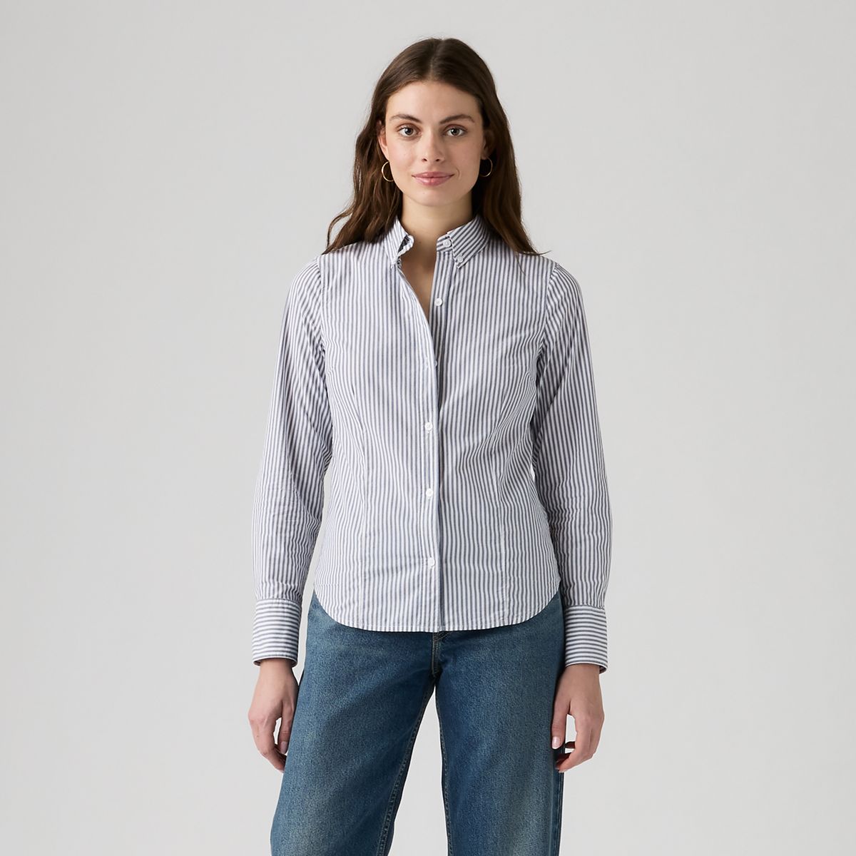 Slim Poplin Button Down Shirt — Hadley Stripe Vintag - Blue