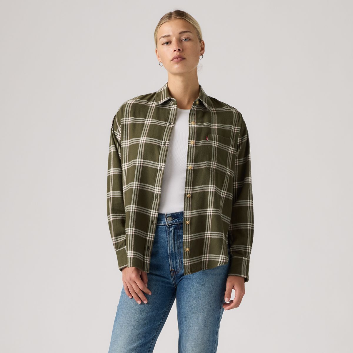 Nash Flannel Button Down Shirt — Vilja Windowpane Olive Night - Green
